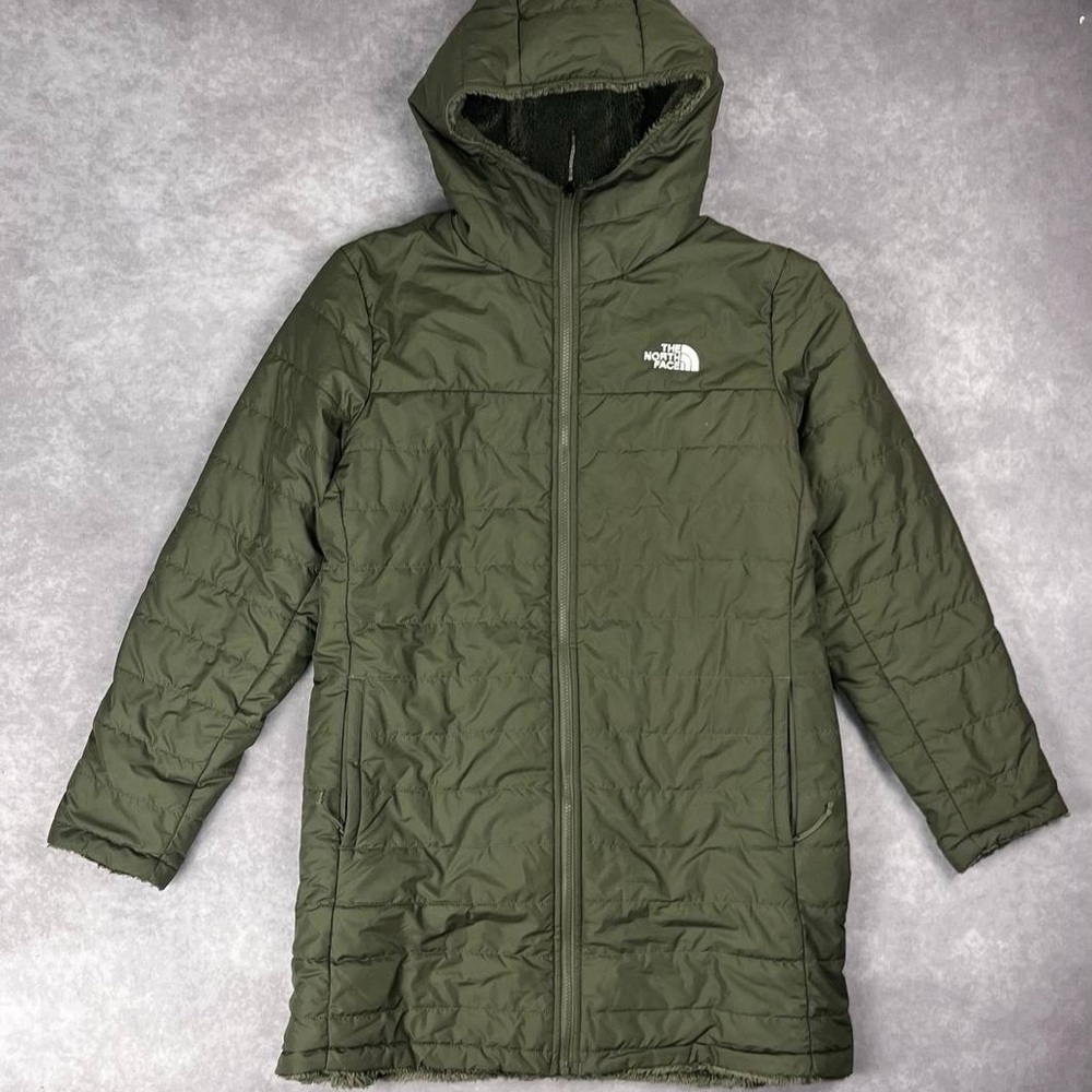 The North Face Olive Green Hooded Long Quilted Coat